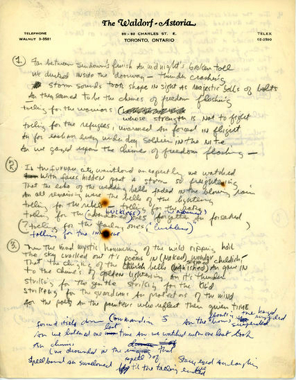 Handwritten lyrics to "Chimes of Freedom," from 1964. Credit via the Bob Dylan Archive