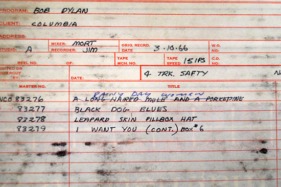 Notes on the back of a 4-track tape box from a recording session in 1966